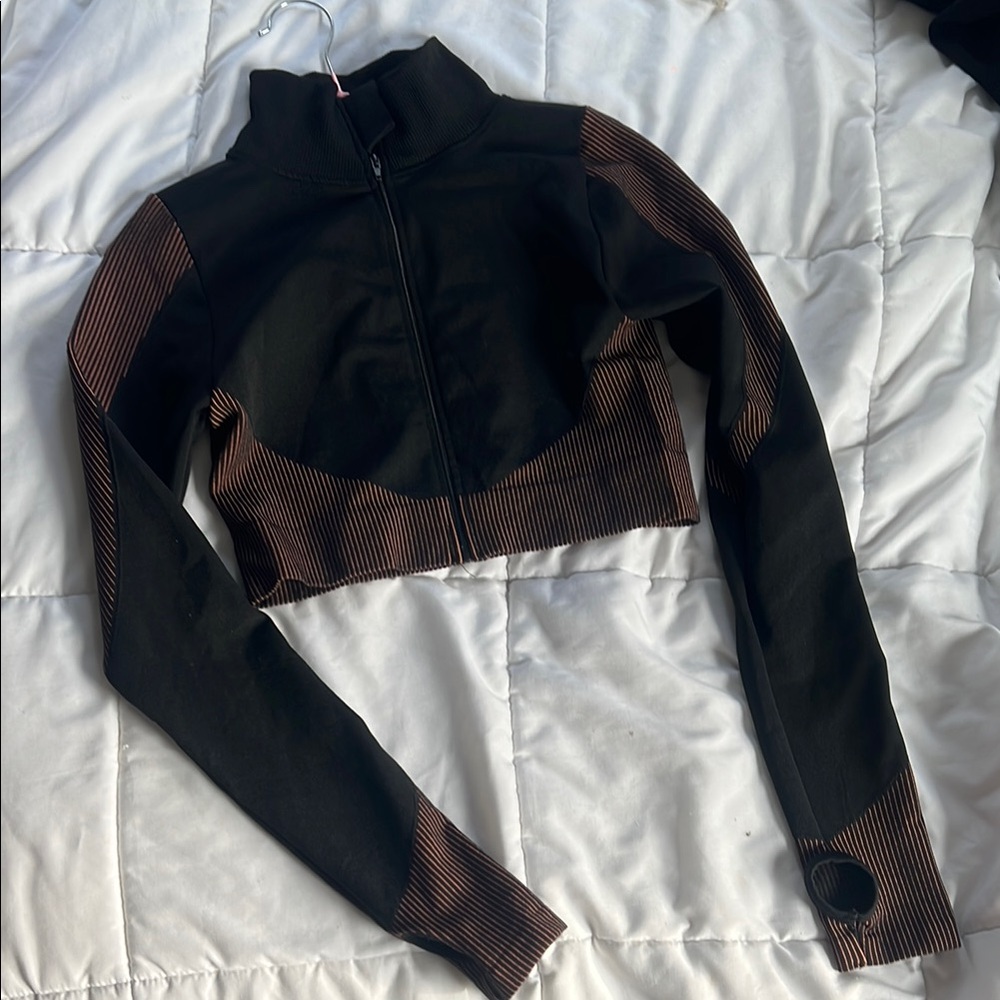 Black and Brown Bomber Jacket with High Neck and Color-Blocking